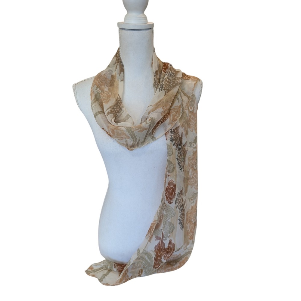 Harari Silk Scarf Women Beige Brown Bird Cloud Print Sheer Lightweight